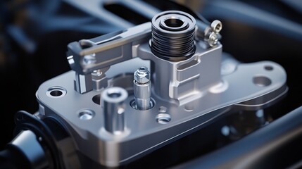 Close-up detailed engine part, precision mechanics, dark background, automotive industry
