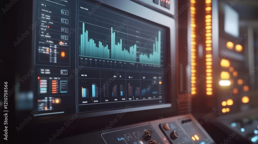Aufkleber monitoring system in a server room displaying real time data analysis charts, offering insights into