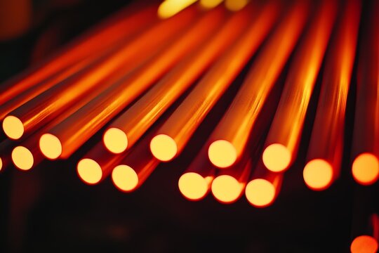 Glowing orange rods aligned parallel create a striking and intense visual of warmth and energy, encapsulating a sense of industrial creation and power.