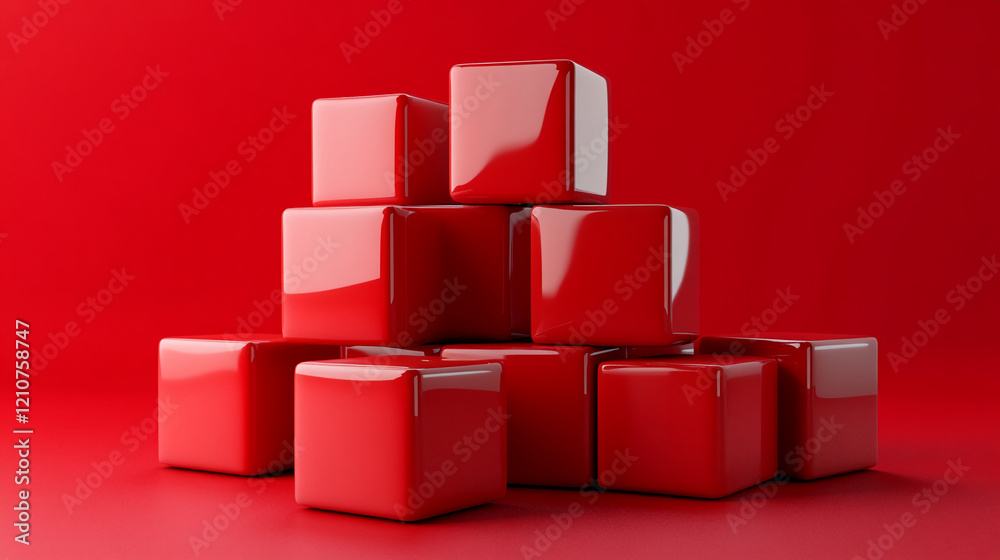 Poster glossy red cubes stacked on red background