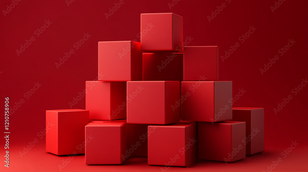 Poster Stacked Red Glossy Cubes on Red Background