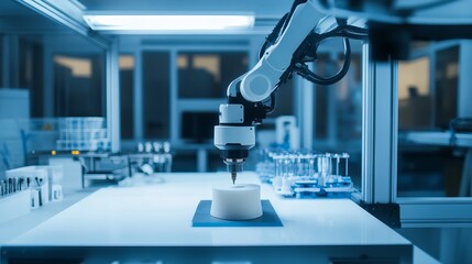 An advanced robotic system conducting high-speed 3D printing in a clean, innovative lab, modern and high-tech environment with a focus on rapid prototyping