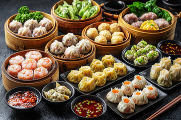 Variety of dim sum with shrimp dumplings, pork buns, and siu mai beautifully arranged for a delightful culinary experience
