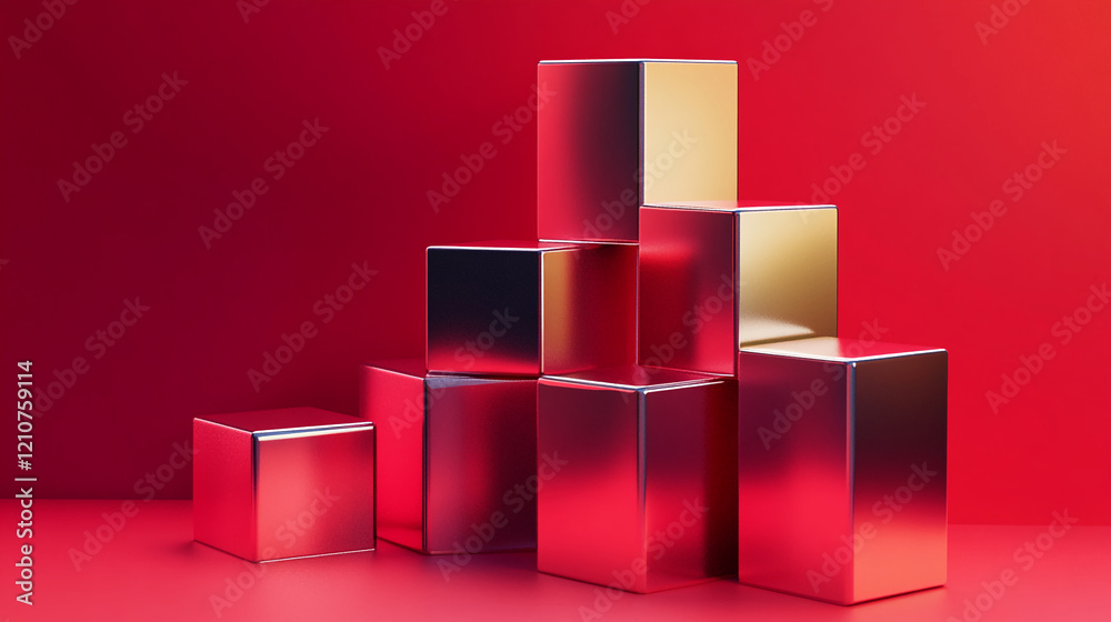 Aufkleber glossy red and gold cubes stacked on a red background