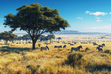 Expansive African savannah with iconic acacia trees and grazing wildlife under a clear blue sky
