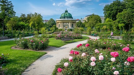 Obraz premium Roses of many varieties bloom in Vienna's Rosengarten Volksgarten. Among them are pink and white Floribunda roses.