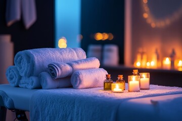 Soft towels are neatly arranged on a massage table, accompanied by warm candles and aromatic oils, creating a tranquil atmosphere for a rejuvenating spa experience