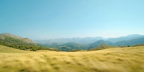 Obraz premium A serene view of rolling hills covered with golden grass, set against a backdrop of distant mountains under a bright blue sky.