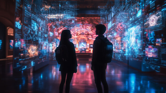 Couple avatars immersed in a virtual museum experience together