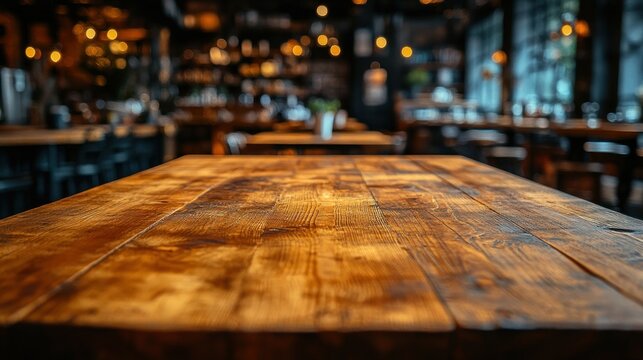 Empty rustic wood table, bar background, restaurant, menu mockup