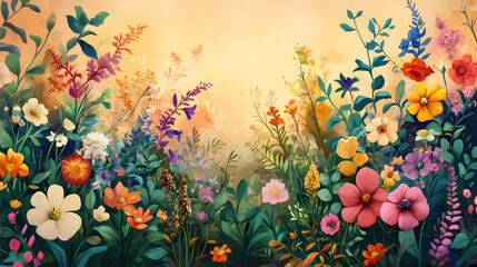 Whimsical botanical fantasy with vibrant floral arrangements and organic asymmetry. Enchanted Glade. Illustration