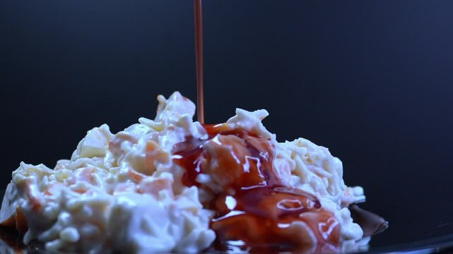 Pouring sugar syrup onto the fruits chart