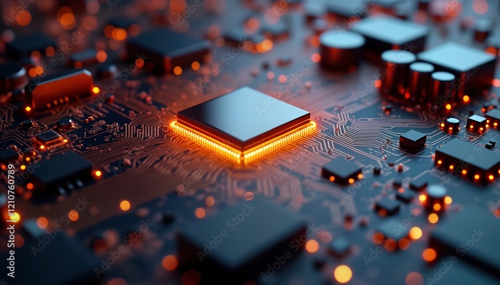 Fototapete advanced tech circuit board with glowing processor. modern computing hardware. digital connections. 