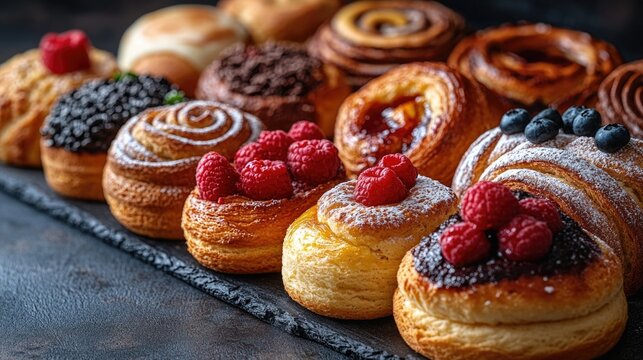 Freshly baked pastries arranged on a tray, perfect for display or serving