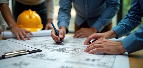 Team of architects, engineers work together reviewing architectural plans. Examining blueprints, making notes on building plans. Likely in office setting. Collaboration key to design project. Image