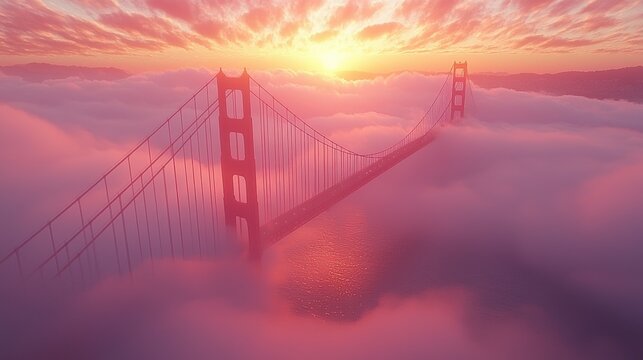Sunset casts vibrant colors over Golden Gate Bridge surrounded by fog in San Francisco