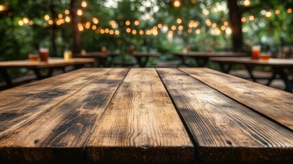 Empty wooden table, outdoor cafe, lights, bokeh, summer
