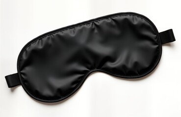 Black sleep mask lies flat on white background. Simple accessory for travel or home use. Dark color and smooth fabric suggest comfort and style. Fashionable and practical travel accessory.