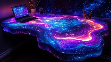 unique desk showcasing galaxy themed epoxy resin surface featuring colorful swirls of purple blue and silver. design sparkles bright light enhancing workspace's creativity.
