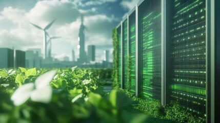 Green technology server farm in a sustainable city with wind turbines.
