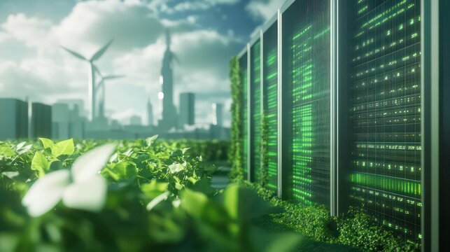 Green technology server farm in a sustainable city with wind turbines.