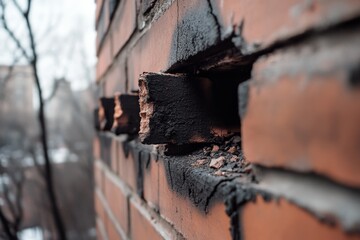 An aged brick wall shows signs of wear, each crevice telling stories of time and resilience, as tree branches peer into the urban scene.