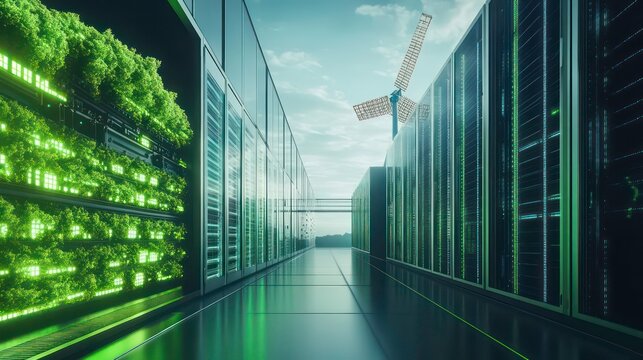 Green energy powers a server farm, showcasing sustainable technology.