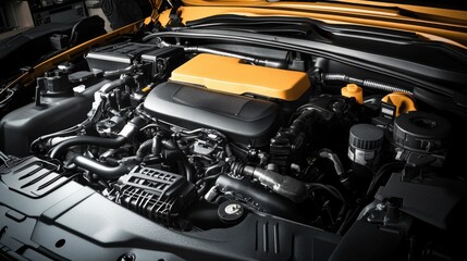 A car engine with its hood open, ideal for repair or maintenance scenarios
