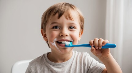 Child Brushing Teeth with Blue Toothbrush
