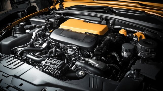 A car engine with its hood open, ideal for repair or maintenance scenarios