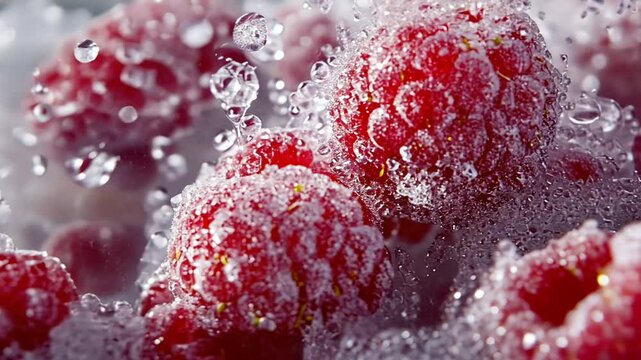 Fresh raspberries covered in frost and bubbles, creating a refreshing scene.
