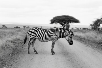 A zebra stands alone on a dirt path in a vast savanna, its bold black and white stripes striking against the muted landscape.