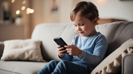 Child Using Smartphone on Couch Indoors
