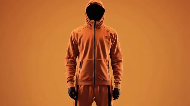 Mysterious faceless figure in orange hoodie displays minimalist fashion