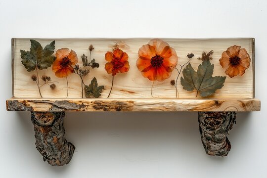Mounted on plain white wall is wooden wall shelf featuring clear epoxy resin encases dried flowers and leaves blending artistry nature in home decor.