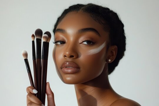 A stunning close-up of a woman showcasing flawless makeup while holding a set of professional brushes, highlighting beauty and precision.