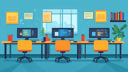 Modern Workspace With Three Computers and Vibrant Decor in a Bright Office Environment Designed for Productivity and Collaboration