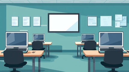 Classroom With Several Computers and a Large Screen in an Educational Setting During Daytime