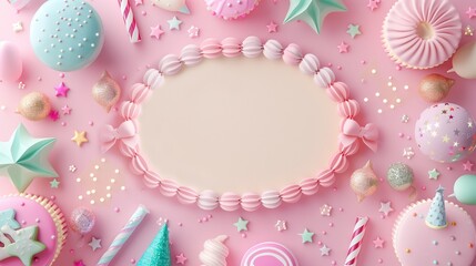 Cheerful pastel pink background with decorative edges for a festive birthday or event. Empty space in the center perfect for announcements or messages.