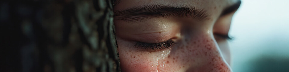 Fototapeta premium Close-up of a Person's Face with Tears, Partially Hidden by Tree Bark