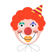 Clown vector illustration, on white background. Portrait of clown with red wig. Clown in birthday cap.
