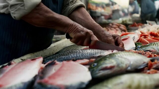 Local Fish Market Activity With Fresh Catches and Skilled Preparation by Vendors in the Bustling Marketplace