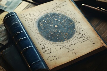 Fototapeta premium An antique astronomy book lies open, displaying an intricate celestial map with constellations, surrounded by handwritten notes and a vintage atmosphere.