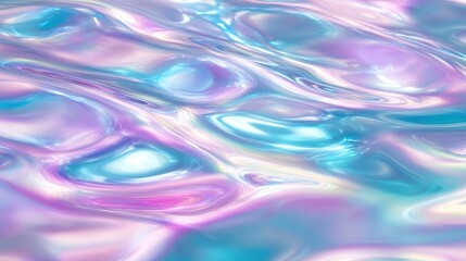 Obraz premium Abstract iridescent holographic texture with flowing, wavy, pastel purple, pink, and blue colors.