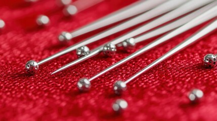 Silver pins on red fabric, close-up studio shot