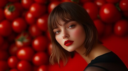 Stylish woman with red lipstick poses against a vibrant backdrop of ripe tomatoes, creating a striking color contrast.