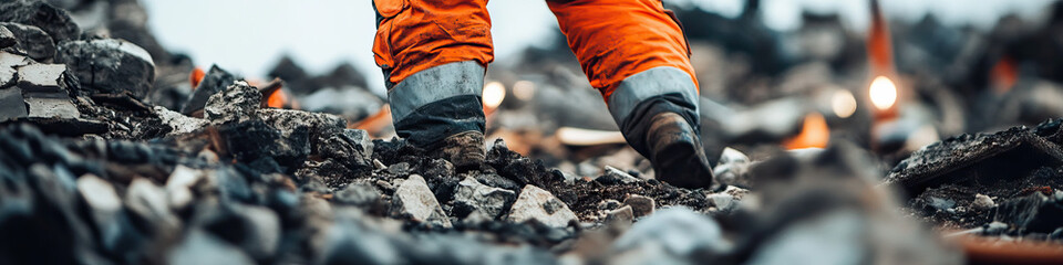 Worker's Boots in Rubble and Debris