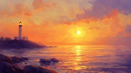 Fototapeta premium golden sunset over calm ocean with lighthouse in the distance, high detail, serene and peaceful, natural and calming, tranquil and picturesque seascape