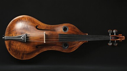 Wooden cello with metal strings resting on a dark background, its polished wooden body gleaming.
