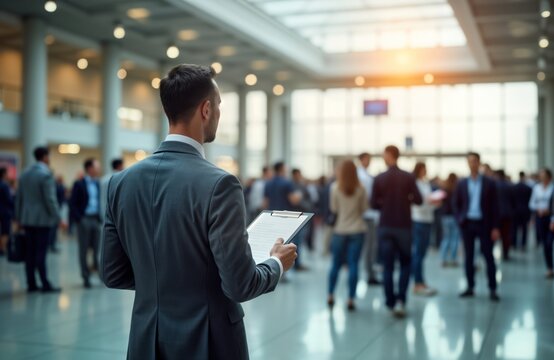 Man in suit holds clipboard looking ahead at large group in modern office. Businessman standing outdoors in urban building at conference. Professional person observing colleagues. Indoor public space